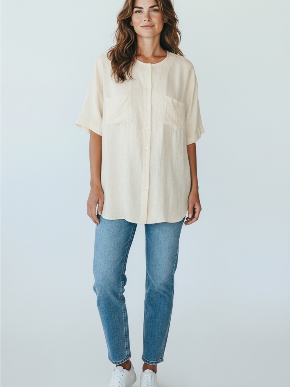 Relaxed Cream Button-Front Shirt with Patch Pockets